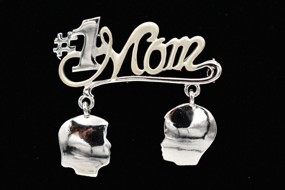 AJC Vintage #1 Mom Pin Brooch Dangle Son Daughter Mother Of Two 2 Signed BinAH